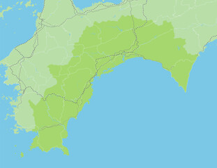 Fototapeta premium 日本の高知県と隣接する都道府県を含む、緑色のシンプルなロードマップ