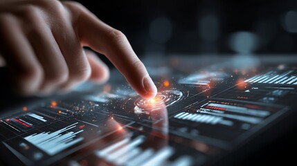 Advanced Technology A closeup of fingers swiping on a tablet with virtual charts of renewable energy performance