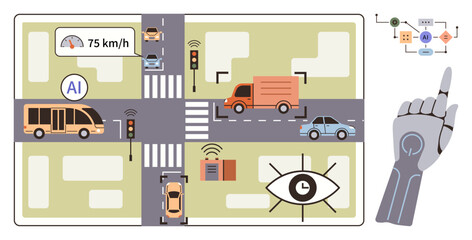Urban intersection with autonomous vehicles, AI monitoring traffic signals, sensors, robotic controls, and smart data flow. Ideal for AI, technology, automation, safety mobility smart cities