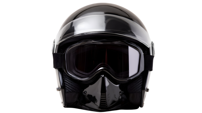 Glossy black helmet with goggles, protection for riding and racing on transparent background
