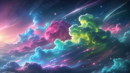Vibrant iridescent fantasy nebula clouds with shooting stars and ethereal atmosphere. A celestial dreamscape of colorful cosmic sky.