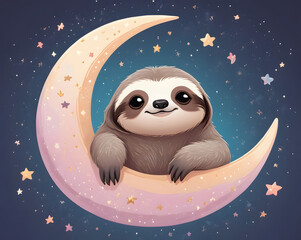 Fototapeta premium Adorable sloth rests on a crescent moon surrounded by sparkling stars in a magical night sky.