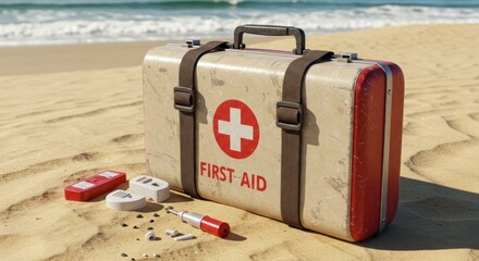 First aid kit on the beach providing emergency medical assistance during vacation