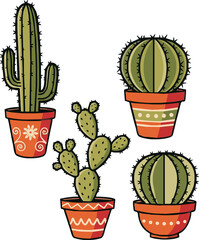Four different cartoon-style cacti, each potted in decorative terracotta-colored containers, isolated on white.