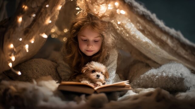 A young girl with curly hair reads a book in a cozy fort with her small puppy, illuminated by soft fairy lights.