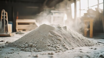 A large pile of light-gray powder, possibly sawdust or plaster, sits in a workshop.  Smoke or dust motes rise from the top.  Blurred background shows tools and other materials