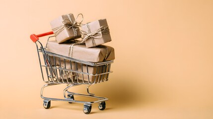 Miniature shopping cart filled with wrapped gifts on a light background.