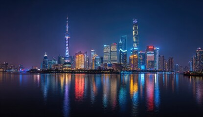 Obraz premium Night cityscape, river reflection, illuminated skyscrapers, China, tourism