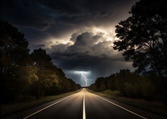 Fototapeta premium Dramatic lightning strikes over an empty road during a powerful thunderstorm