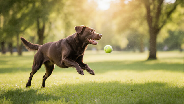 Playful chocolate labrador retriever jumping to catch tennis ball in sunny park, energetic and joyful, green grass and trees in background, outdoor pet activity