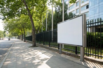 Large white blank poster mockup hanging on metal fence of outdoor playground. Ideal for advertising, presentation, signage design, billboard template, and promotional commercial concepts.