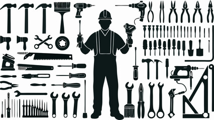 Illustration of a construction worker surrounded by various tools in black and white silhouette style