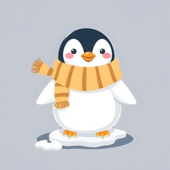 Obraz premium Adorable cartoon penguin wearing a warm scarf, standing on ice, perfect for winter themes