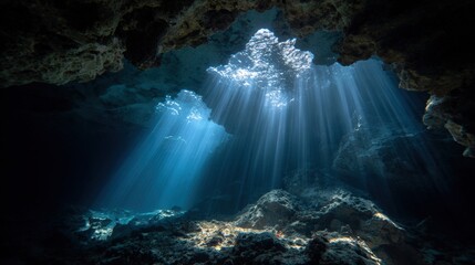 a shot from deep within an underwater cave, looking out towards the bright opening where powerful sunbeams penetrate the darkness, creating a stark, beautiful contrast and a sense of hope