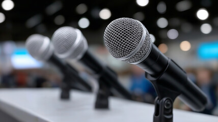 Obraz premium Sharp focus on premium audio equipment on a glass table in a blurred corporate seminar room with unrecognizable figures, reflecting the atmosphere of a workshop, coaching event, or press briefing