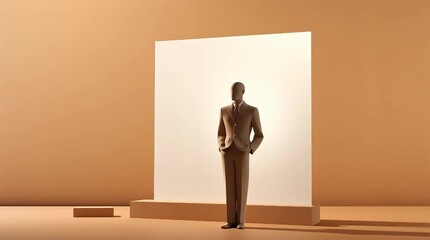 Elegant business figure standing beside a blank poster board in a minimalist space, conveying professionalism and creativity in a stylish manner