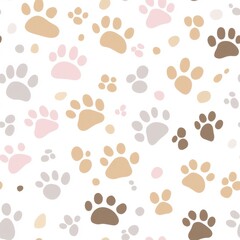 Fototapeta premium Paw Prints Pattern: A charming array of paw prints of various sizes and colors dance playfully, creating a whimsical pattern for a cozy and cheerful vibe.