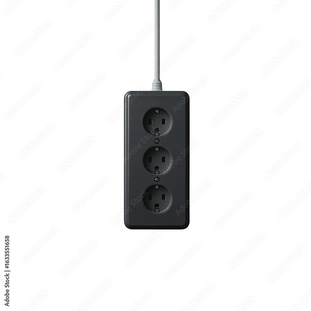 Poster isolated electrical extension cord with three outlets suspended in a transparent setting