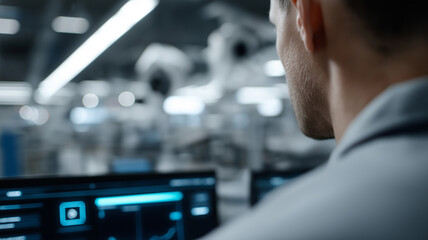 Obraz premium High-tech industrial environment with artificial intelligence surveillance, holographic UI projections, and intelligent monitoring systems managed by an unseen engineer analyzing threat data