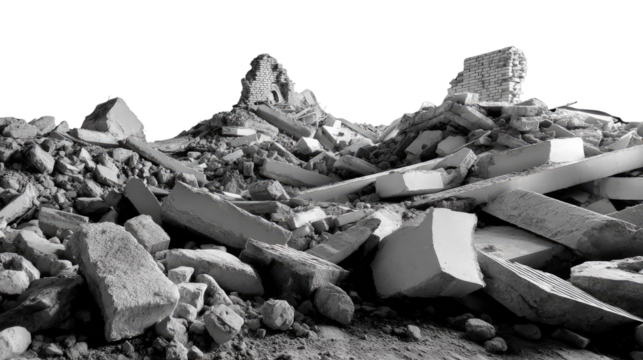 Echoes of Destruction: A stark, black and white composition of rubble, depicting the aftermath of an event, evoking a sense of loss and resilience.