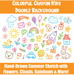 Colorful Crayon Kids Doodle Background – Hand-Drawn Summer Sketch with Flowers, Clouds, Rainbows, ballons, sun, car, gift box, cat, pixel perfect