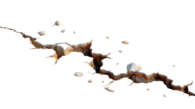 Broken Earth: A dramatic image showcasing a significant earth crack with scattered rocks, symbolizing destruction and the forces of nature's power.