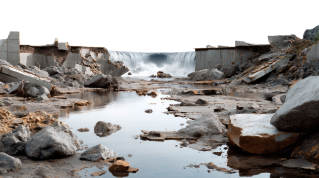 Damaged dam: a dramatic scene unfolds as water gushes through a collapsed dam. This photorealistic image highlights the raw power of nature.