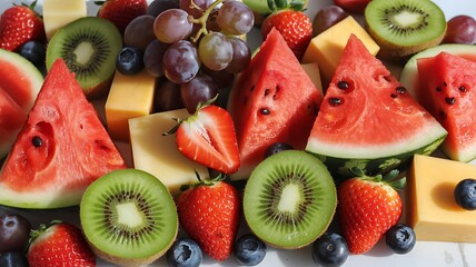 Vibrant fresh fruit platter with cheese perfect for healthy grazing and party celebrations