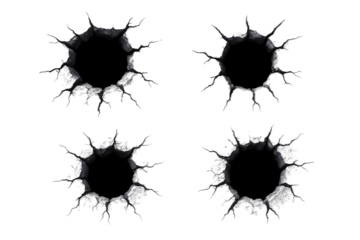 Four Realistic Dark Grey Circular Impact Holes with Jagged Edges and Splintered Debris, Isolated on Black