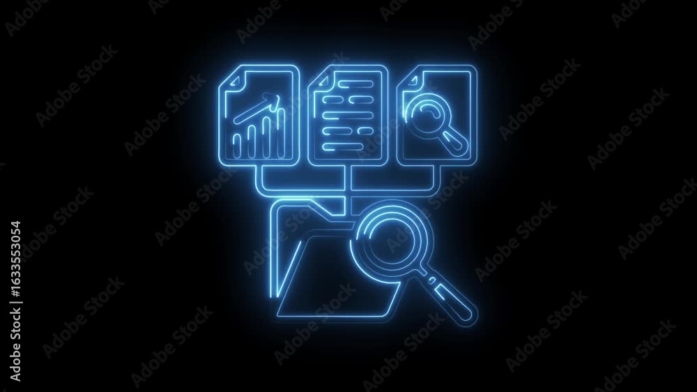 Poster glowing blue neon abstract data analysis and search icon on black background representing business
