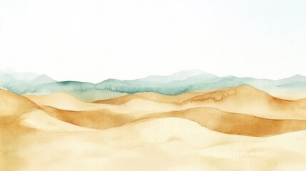 Watercolor desert landscape.  Soft, blended hues of tan and teal depict rolling dunes and distant mountains against a pale sky.  Gentle, flowing lines create a serene atmosphere