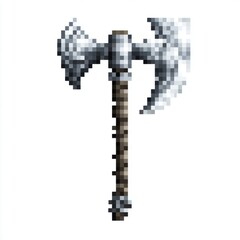 Obraz premium Pixel Art Grey Double Headed Battle Axe with Brown Wooden Handle on White Background