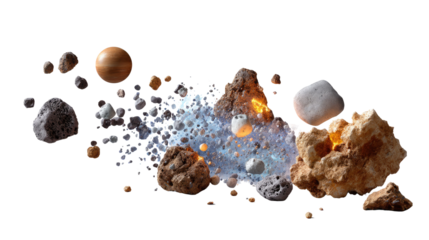Meteoroid Impact: A conceptual depiction of a meteoroid impact. Cosmic entities in a dynamic display of destruction and formation, set against an expansive dark void.