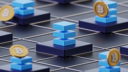 Modern blockchain technology concept with bitcoin and interconnected nodes creating digital network