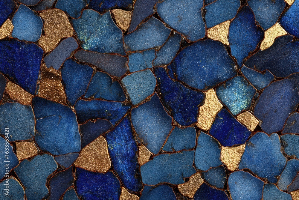 Poster dark blue and gold stone mosaic texture showcases intricate patterns and color variations in a uniqu