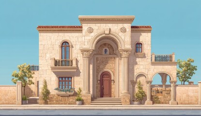 Naklejka premium Mediterranean villa architectural rendering, sunny day, street view, landscaping