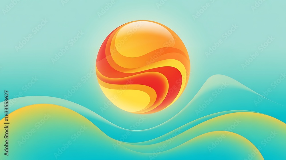 Poster vibrant abstract swirling orb with smooth gradient waves on a serene blue background