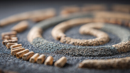 Spiral pattern made of sand and small wooden pieces on textured surface, creating abstract and artistic design