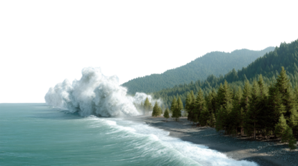 Seaside Destruction and Nature's Power: A powerful wave crashes onto a rugged coastline, with a towering cloud of spray creating a dramatic scene of natural forces and raw energy.
