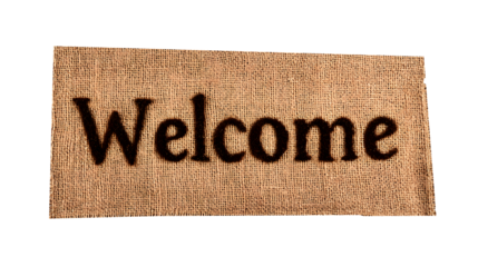 Burlap welcome sign, rustic greeting with textured lettering on transparent background