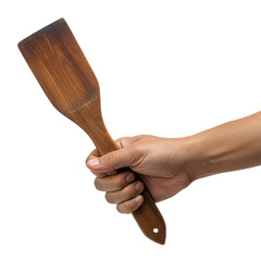 Chef’s hand holding a wooden spatula isolated on transparent