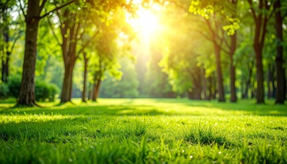 A serene and expansive green field stretches towards line of lush trees under soft, tranquil sky, perfect natural landscape background for peaceful concepts.