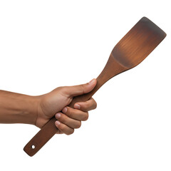 Chef’s hand holding a wooden spatula isolated on transparent