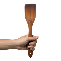 Chef’s hand holding a wooden spatula isolated on transparent