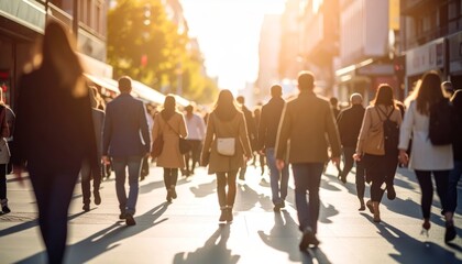 A bustling european city street scene with diverse crowd of pedestrians walking along historic road flanked by traditional architectural buildings in the metropolis.