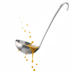 Floating ladle with transparent soup drops, mockup-ready, white background