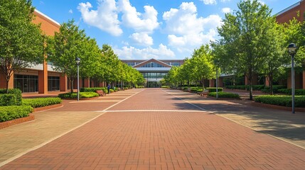 Wide shot of a paved plaza, lined with brick buildings and lush greenery, leading to a central building. Sunny day