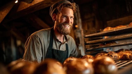 Smiling baker pulling golden fresh bread from a hot oven in a rustic bakery kitchen, warm light and inviting atmosphere,