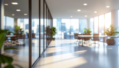 Beautiful blurred background of a light modern office interior with panoramic windows and beautiful lighting