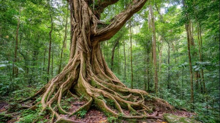 Fototapeta premium Extensive tree roots spread across forest floor.